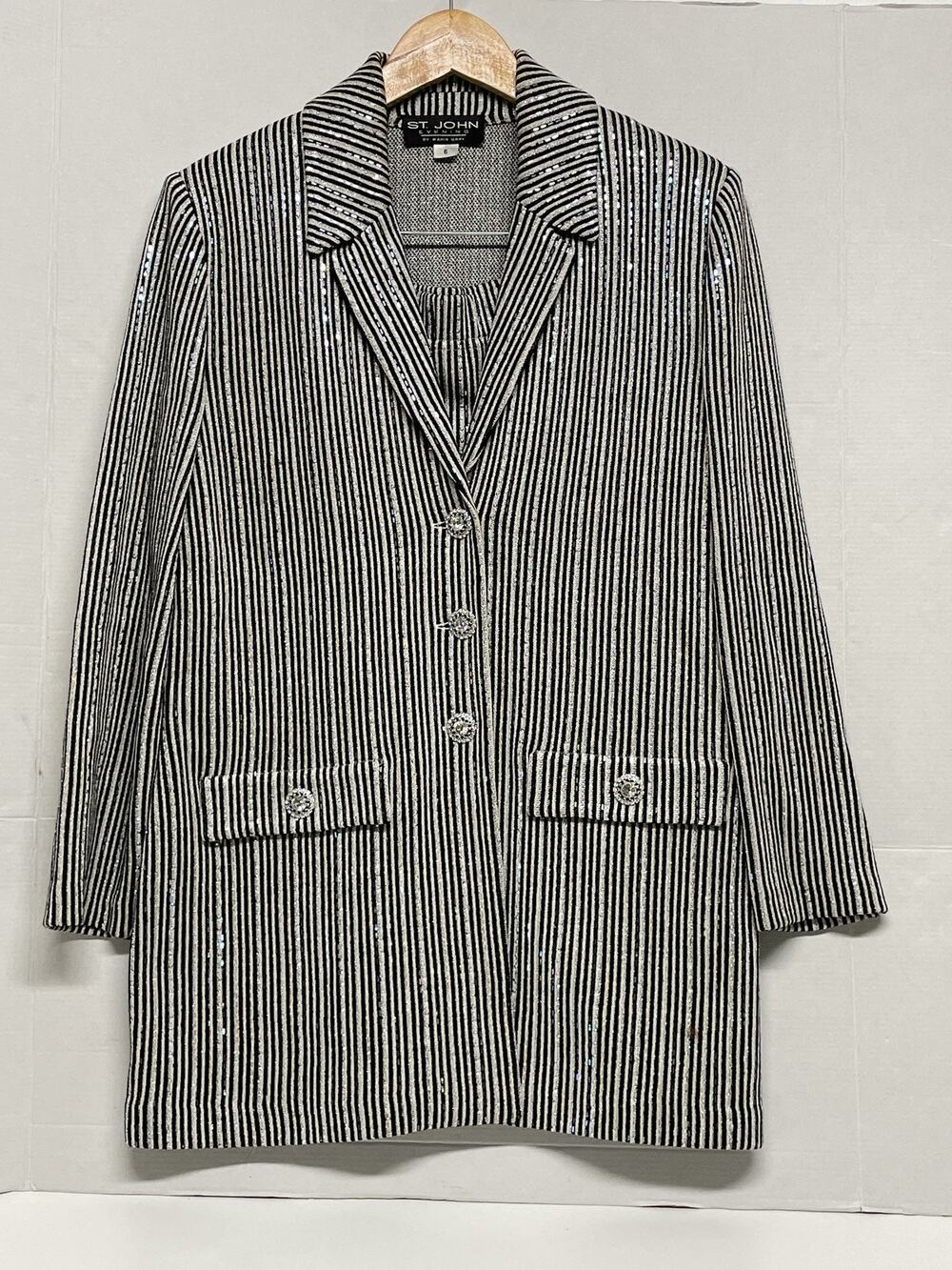 St John Evening Marie Gray Black White Sequin Knit Skirt Suit Set Blazer Sz 6